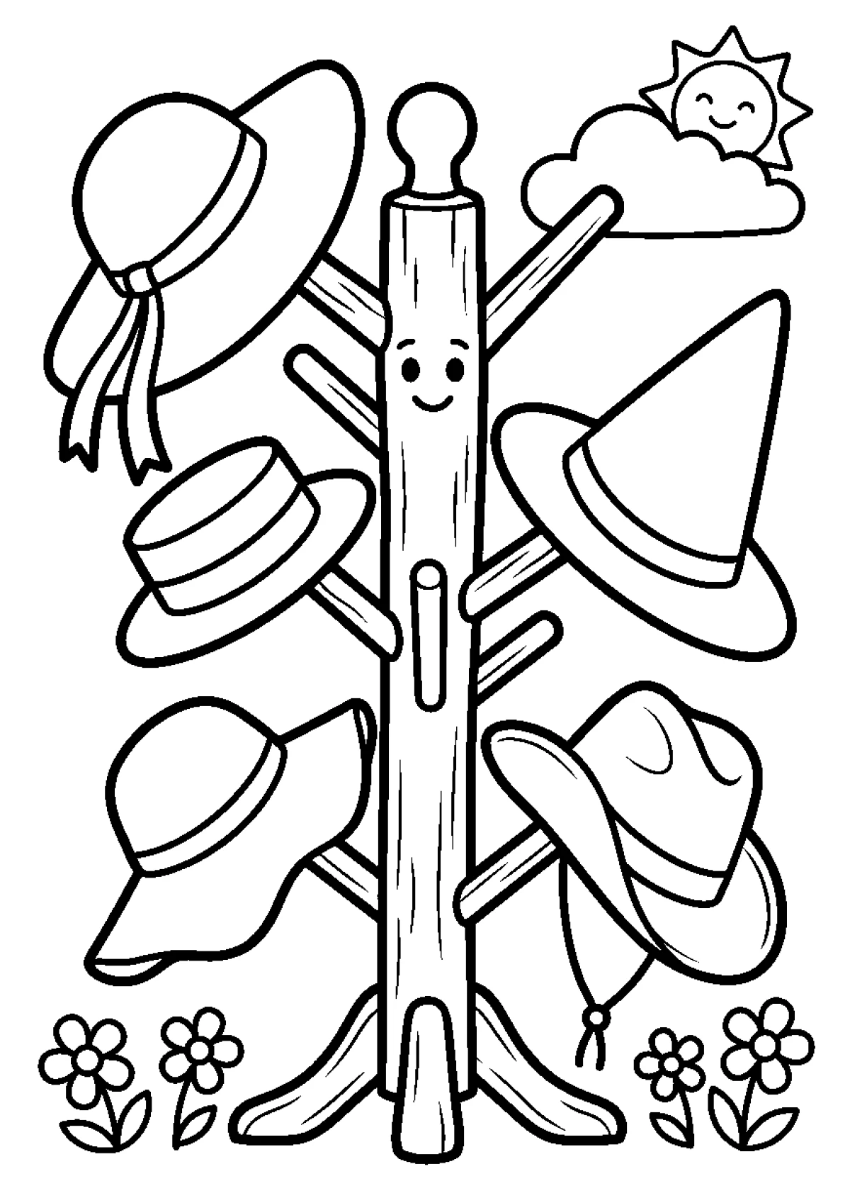 Coloriage de plusieurs chapeaux de paille suspendus sur un porte-manteau en bois.