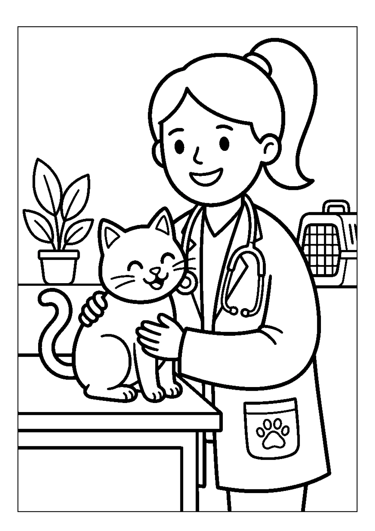 Coloring page of a veterinarian examining a cat on a table.