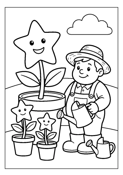Coloriage d'un jardinier qui s'occupe de jolies étoiles plantées dans des pots.