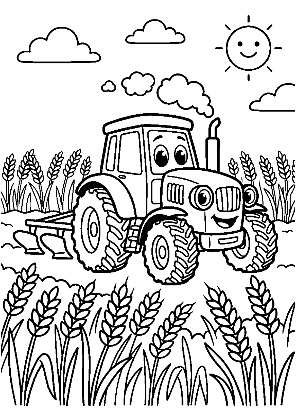 Coloriage d'un gros tracteur bleu qui travaille dans un grand champ de blé.