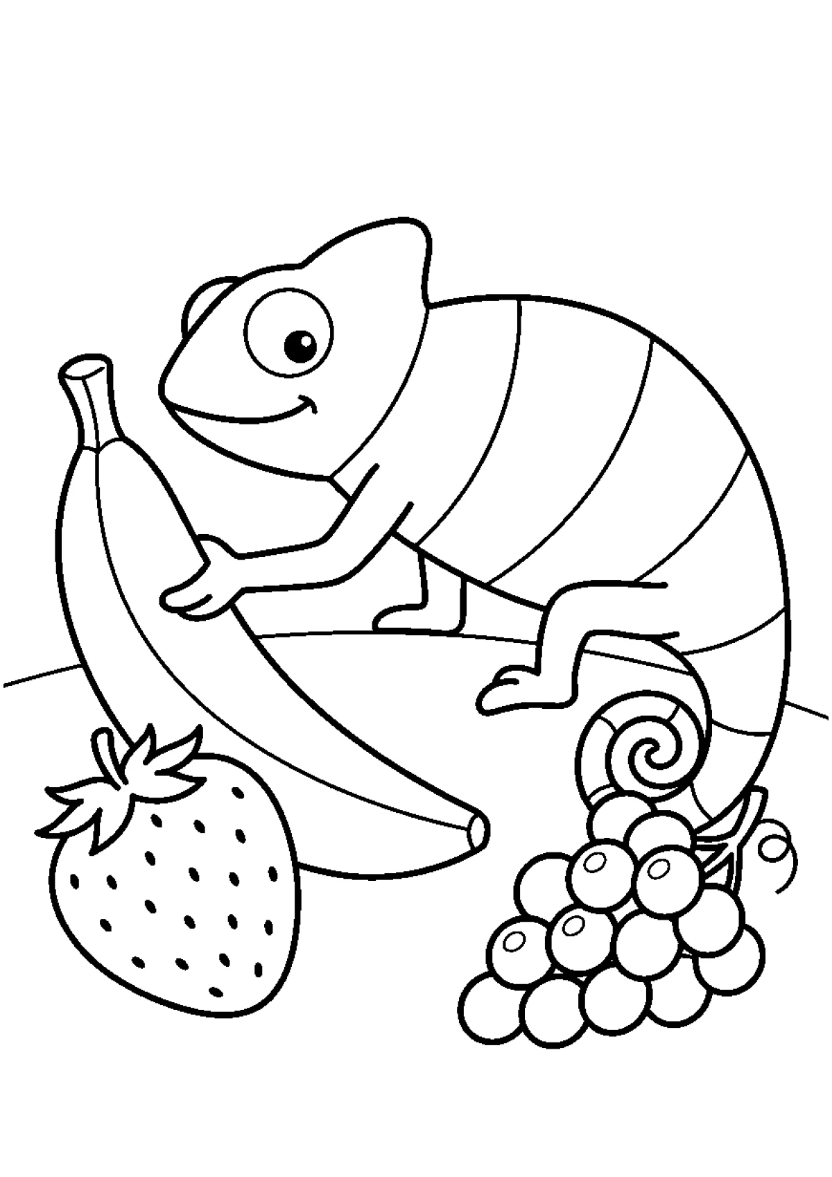 Coloriage d'un caméléon souriant entouré de fruits variés sur une branche.