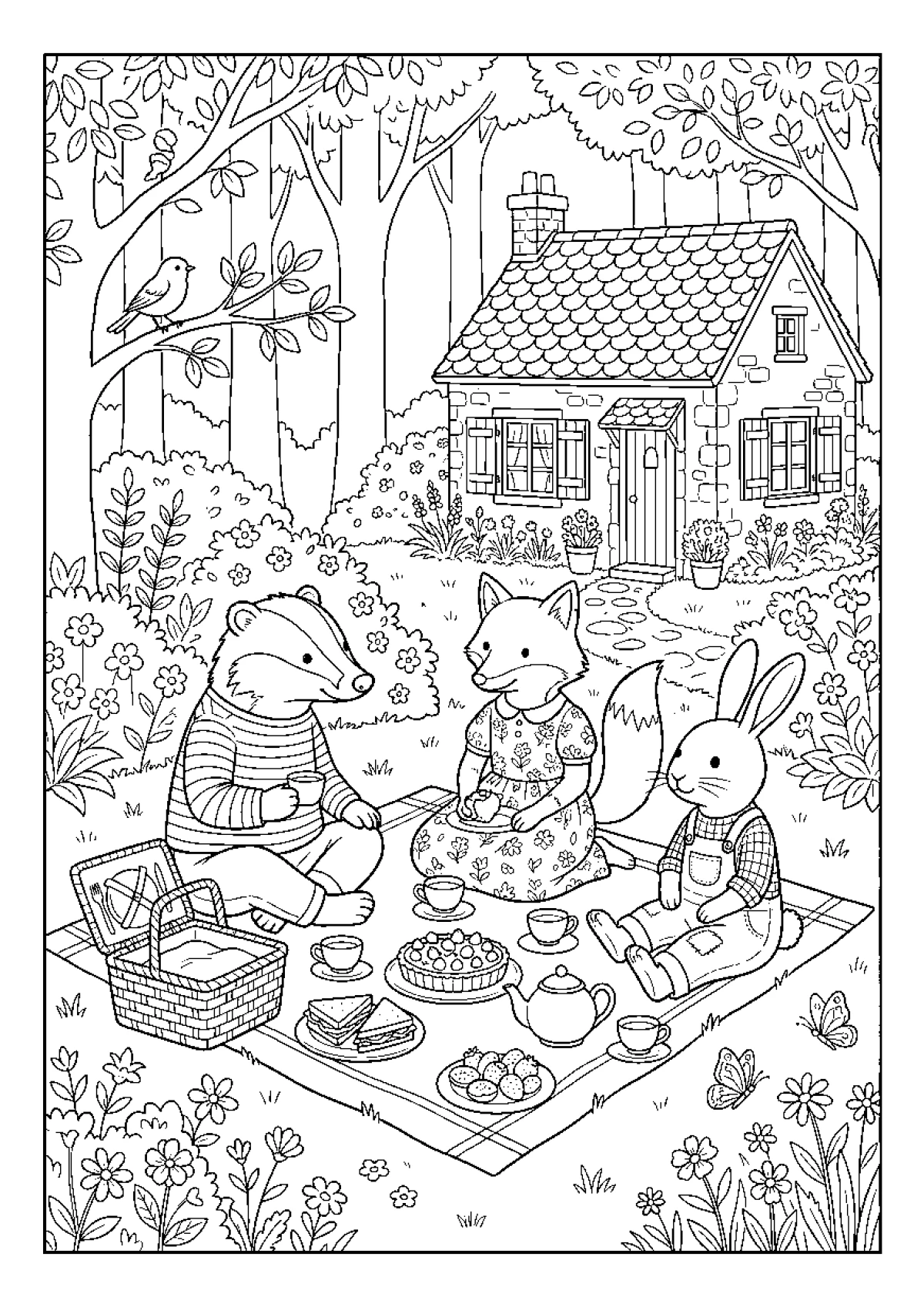 Coloriage d'un lapin et d'un écureuil qui font un pique-nique avec un panier rempli de nourriture.