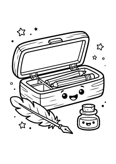 Coloriage d'une boîte en bois ancienne avec une plume et un encrier.