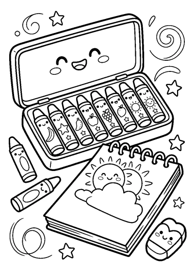 Coloriage d'une boîte de pastels gras ouverte posée à côté d'une feuille de papier vierge.