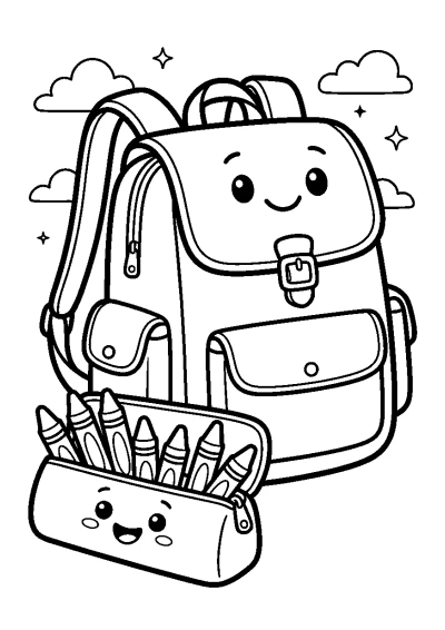 Coloriage d'un cartable d'école avec sa trousse et des crayons.