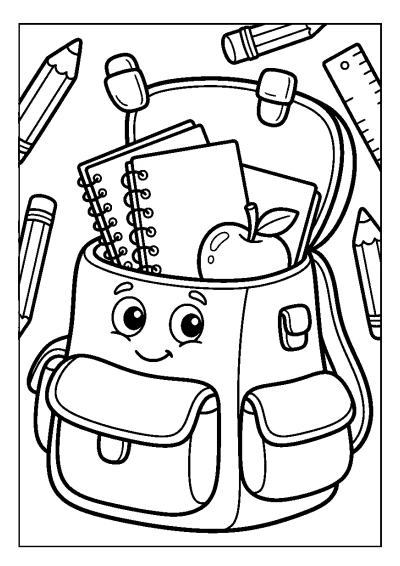 Coloriage d'un cartable d'école ouvert avec des cahiers et une pomme.