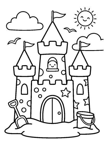 Coloriage d'un grand château de sable avec des tours et des coquillages.