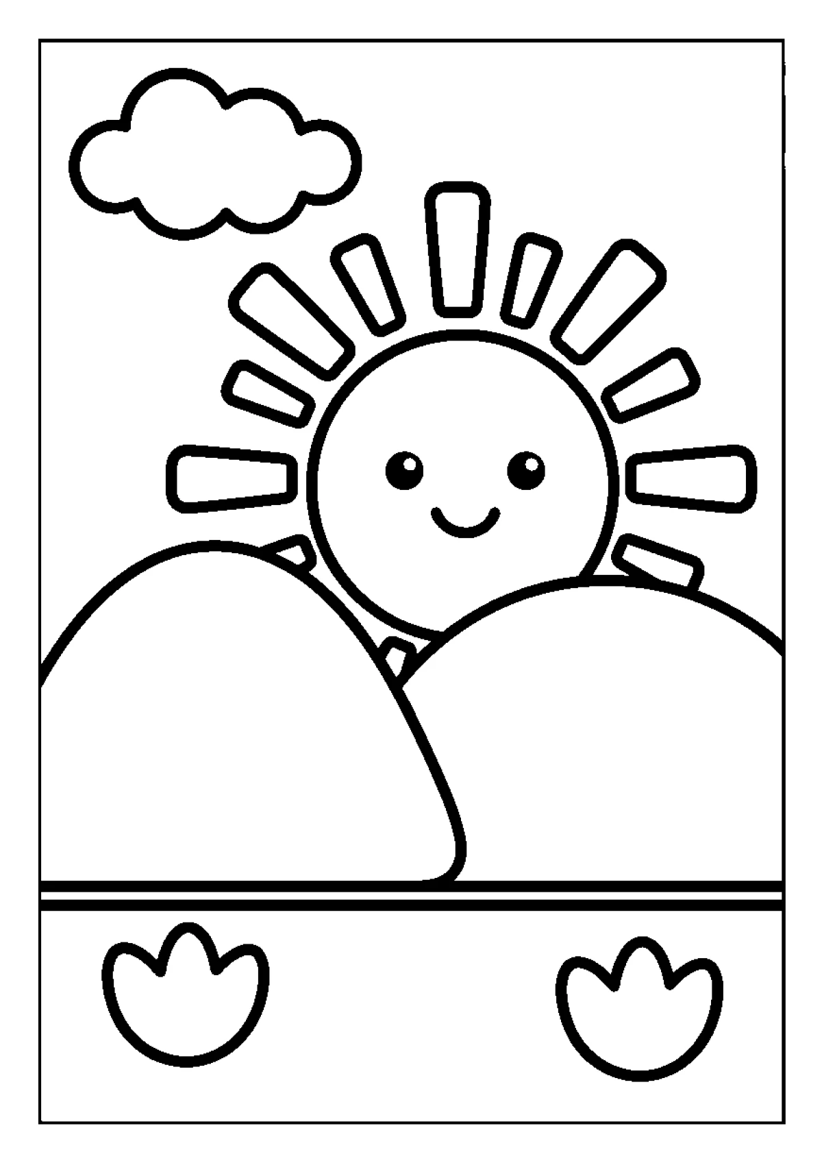 Coloring page of a big smiling sun above several hills with little flowers.