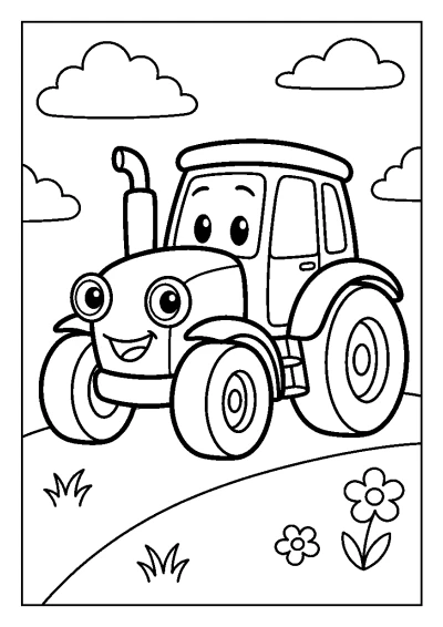 Omalovánka velkého traktoru s obřími koly na poli na farmě pod sluncem.