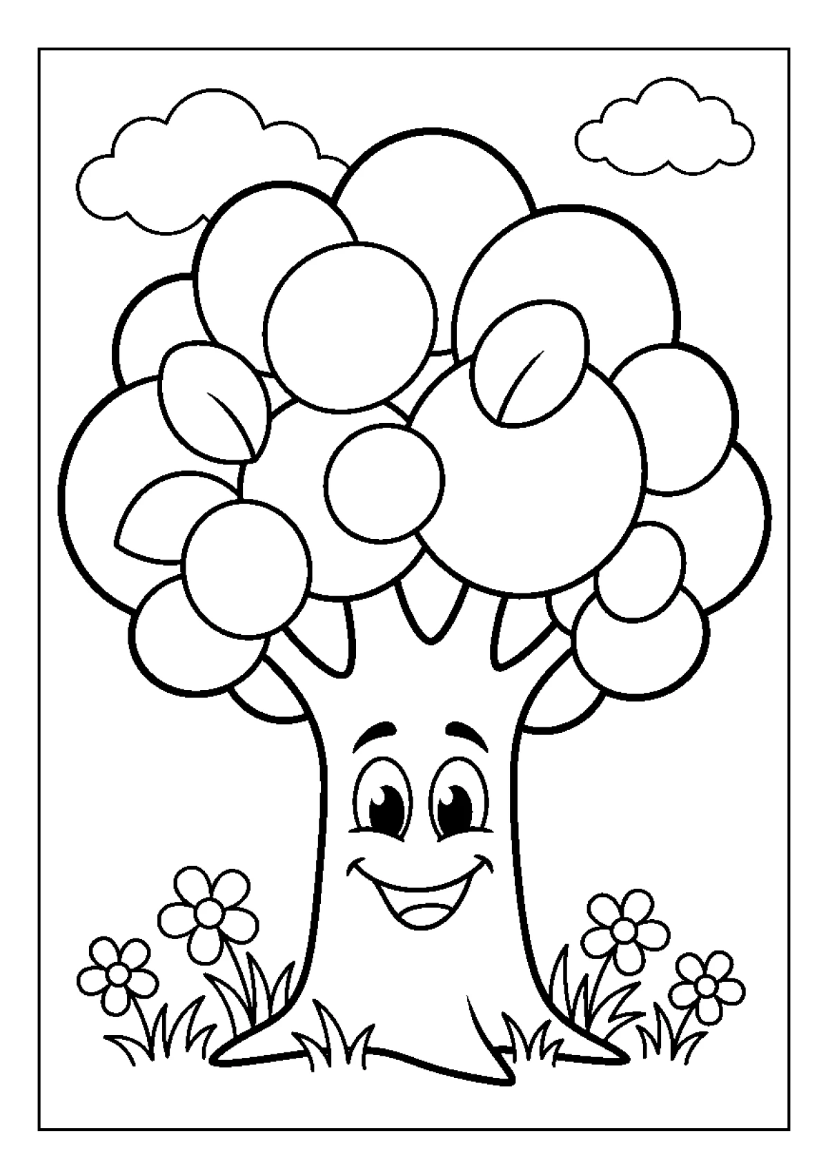 Coloriage d'un arbre rigolo avec des feuilles en forme de ronds et un tronc solide