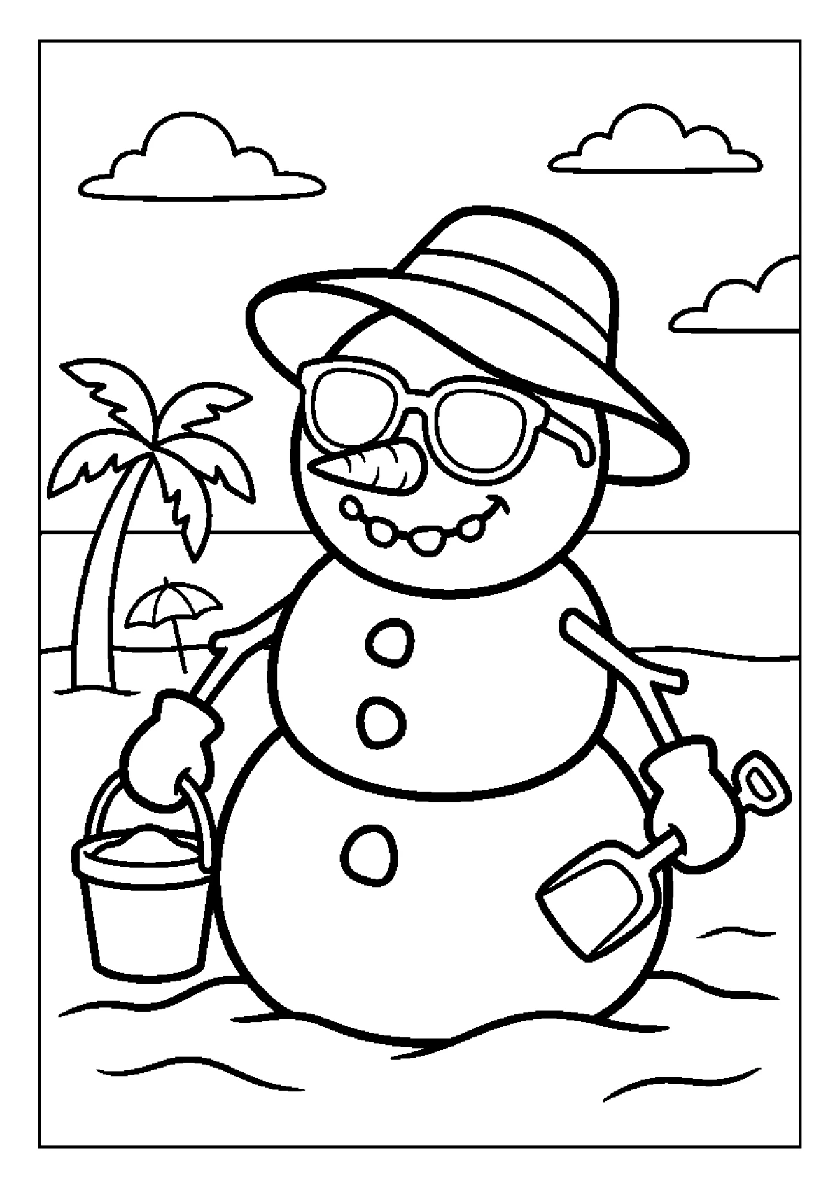Coloriage d'un bonhomme de neige avec des lunettes de soleil sur une plage