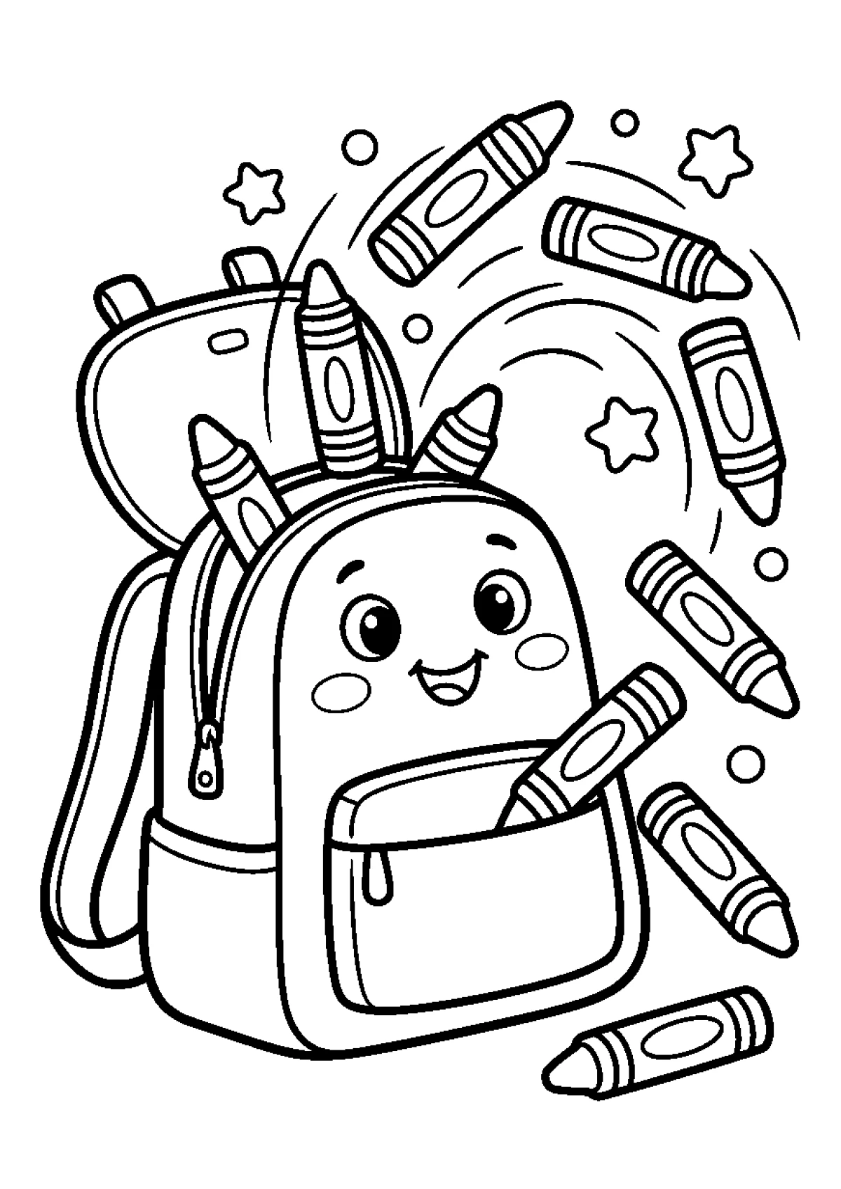 Coloriage d'un sac d'école rigolo qui distribue des crayons de toutes les couleurs.