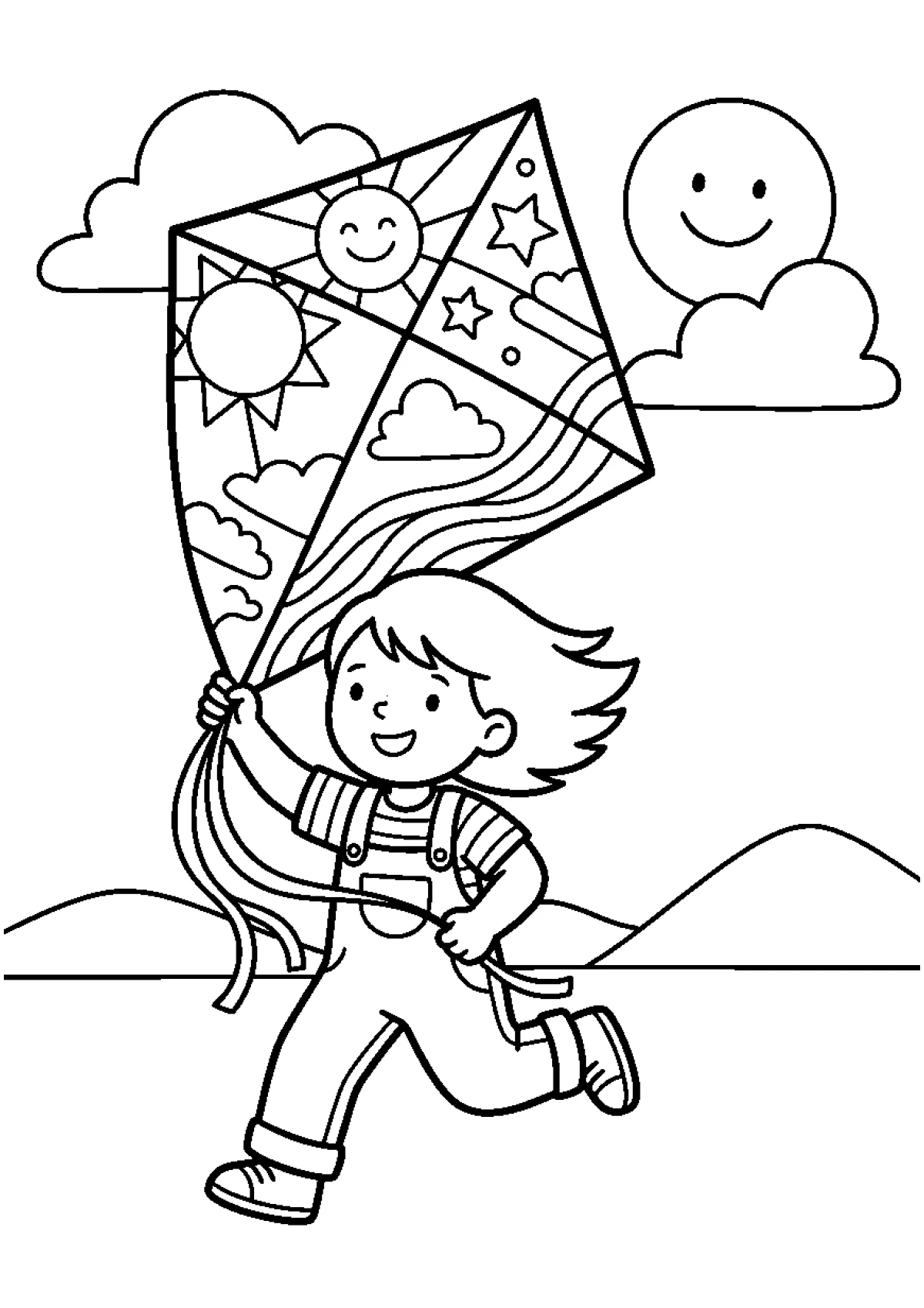 Coloriage d'un enfant qui court dans un champ avec un grand cerf-volant