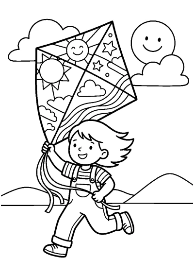 Coloriage d'un enfant qui court dans un champ avec un grand cerf-volant