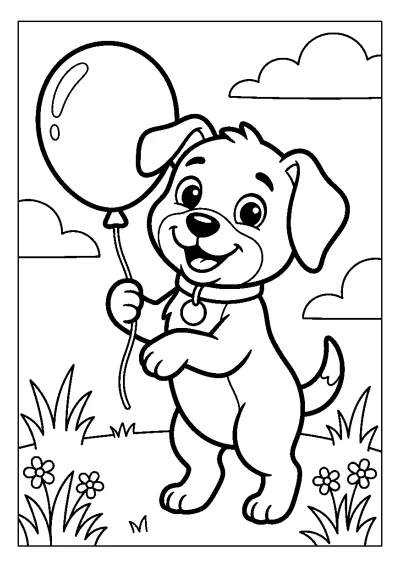 Coloriage d'un chien joyeux qui s'amuse avec un ballon rond dans l'herbe