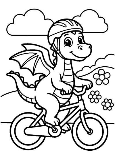 Coloriage d'un gentil dragon avec un casque sur un vélo