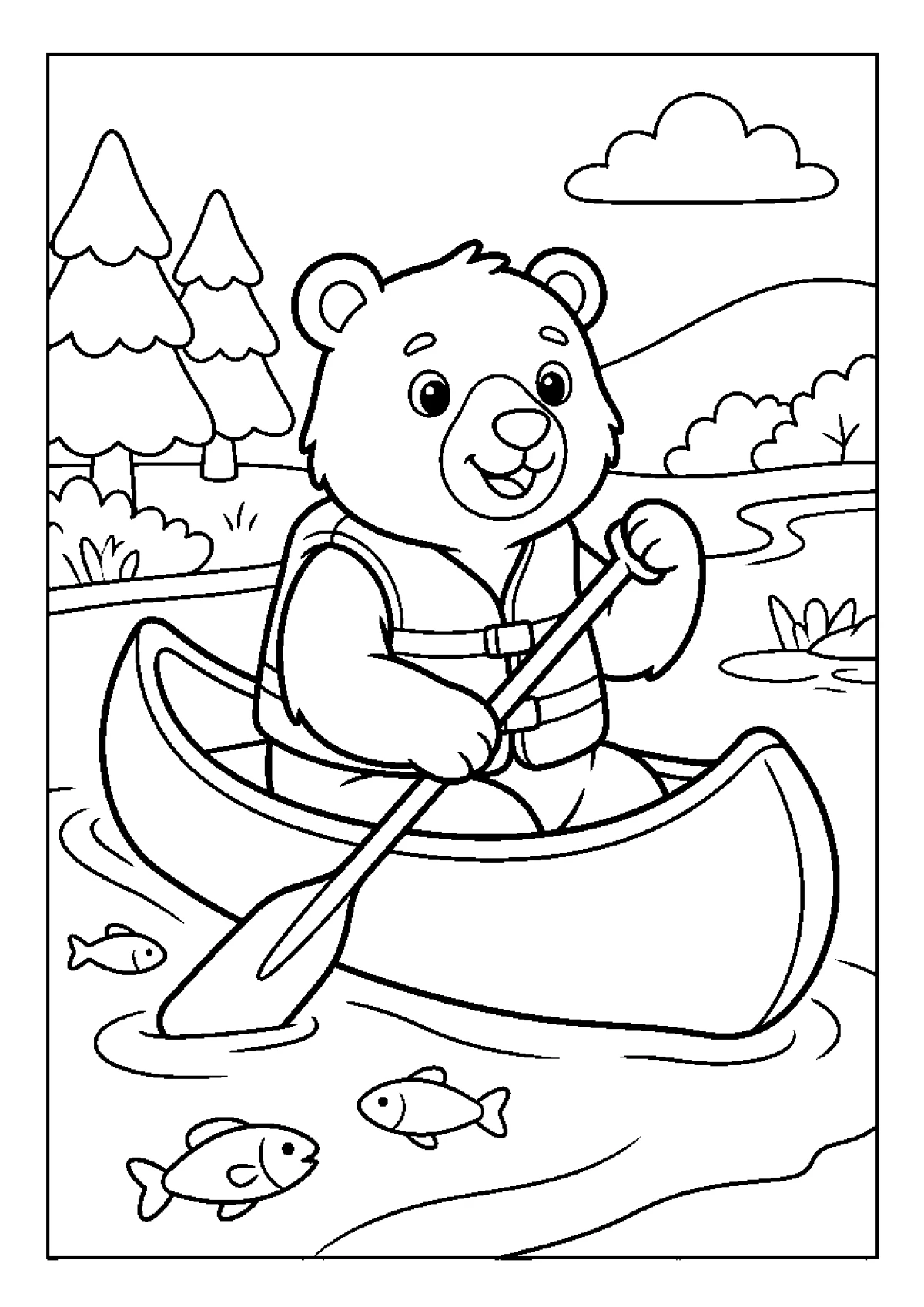 Coloriage d'un ours souriant dans un canoë sur une rivière avec des arbres.