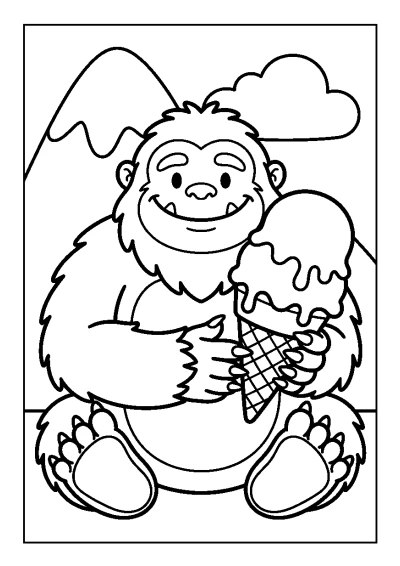 Coloriage d'un yéti souriant qui tient un cornet de glace à la fraise.