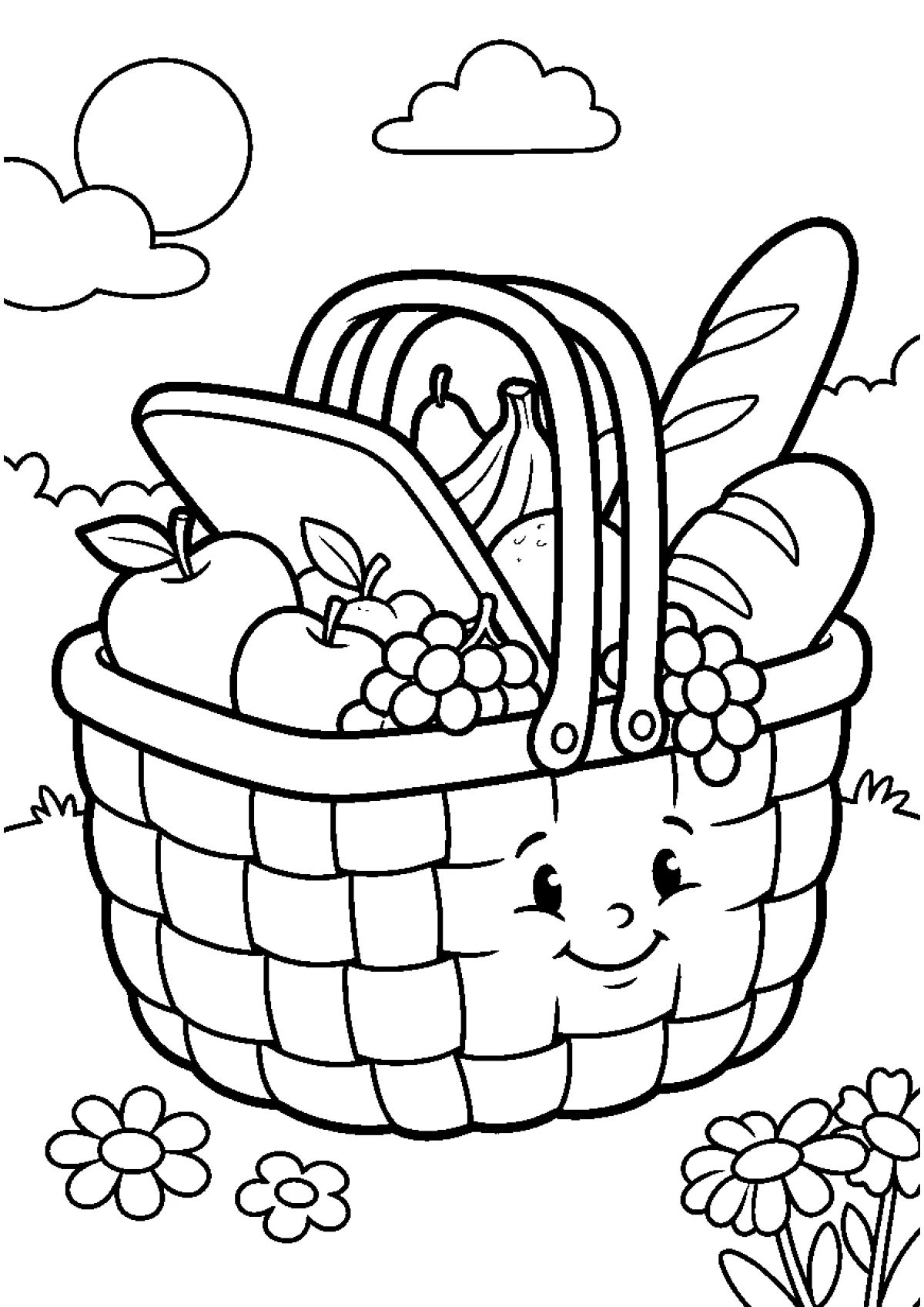 Coloriage d'un panier en osier avec des fruits et du pain sur une nappe.