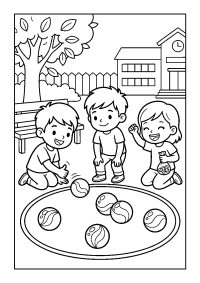 Coloriage d'un groupe d'enfants qui jouent aux billes dans la cour de récréation.