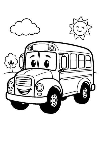 Coloriage d'un bus scolaire américain avec de grosses roues noires.