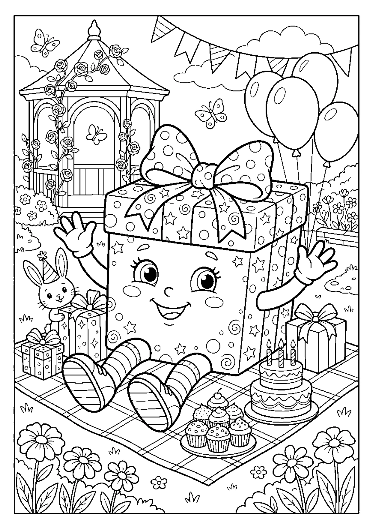 Coloriage d'un gros cadeau d'anniversaire avec des bras, des jambes et un grand sourire.