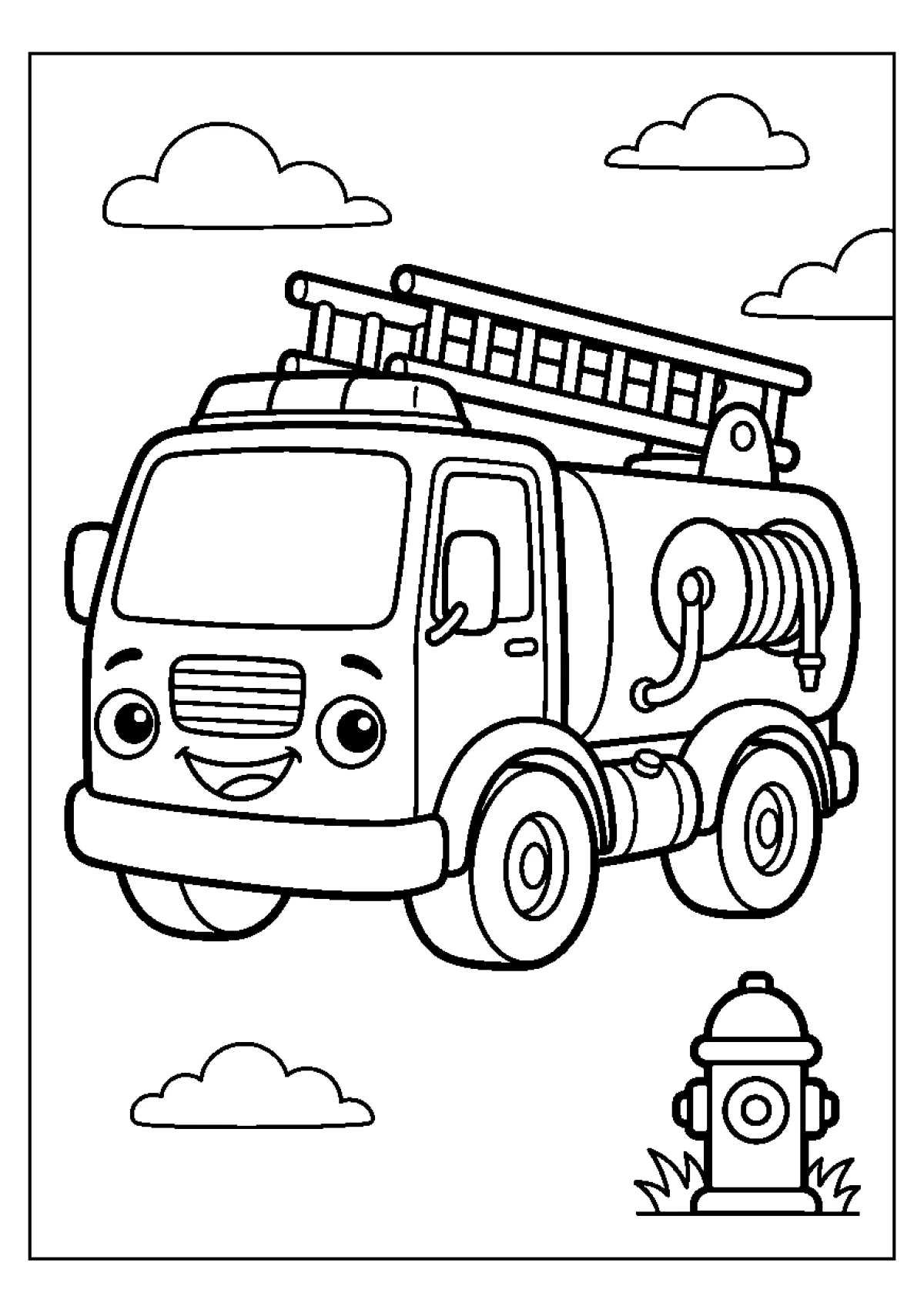 Dibujo para colorear de un camión de bomberos con una gran escalera y una manguera de agua.