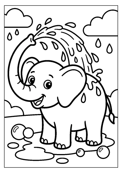 Coloriage d'un éléphant joyeux qui se jette de l'eau sur le dos avec sa trompe