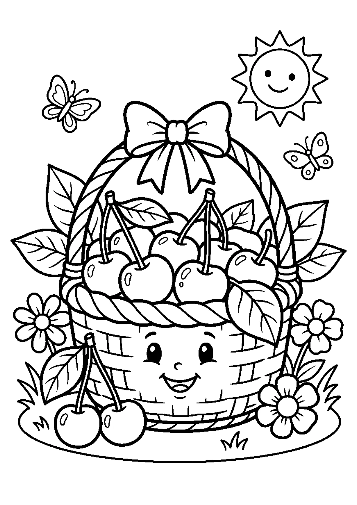 Coloriage d'un panier rempli de cerises posé dans l'herbe d'un jardin.