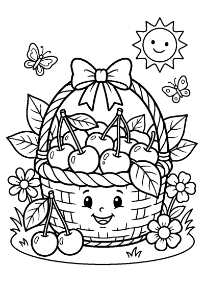 Coloriage d'un panier rempli de cerises posé dans l'herbe d'un jardin.