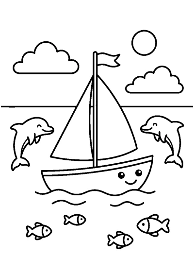 Coloriage d'un voilier sur la mer avec des dauphins qui sautent