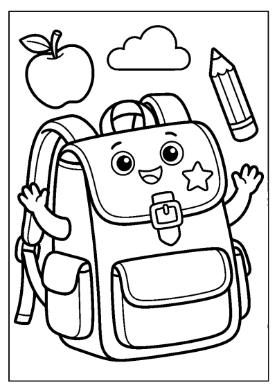 Coloriage d'un cartable d'école avec une règle, un crayon et des petites poches.