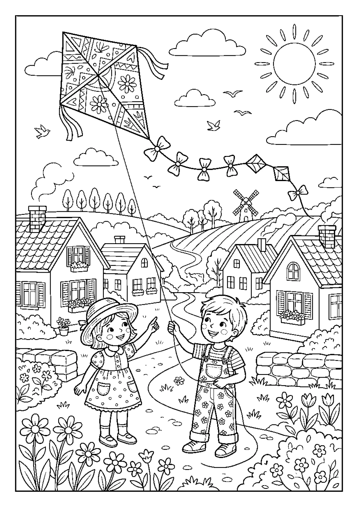 Coloriage d'un grand cerf-volant avec des rubans qui vole dans les nuages.