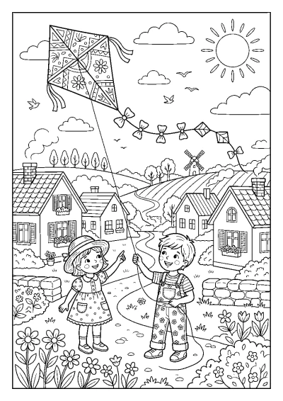 Coloriage d'un grand cerf-volant avec des rubans qui vole dans les nuages.