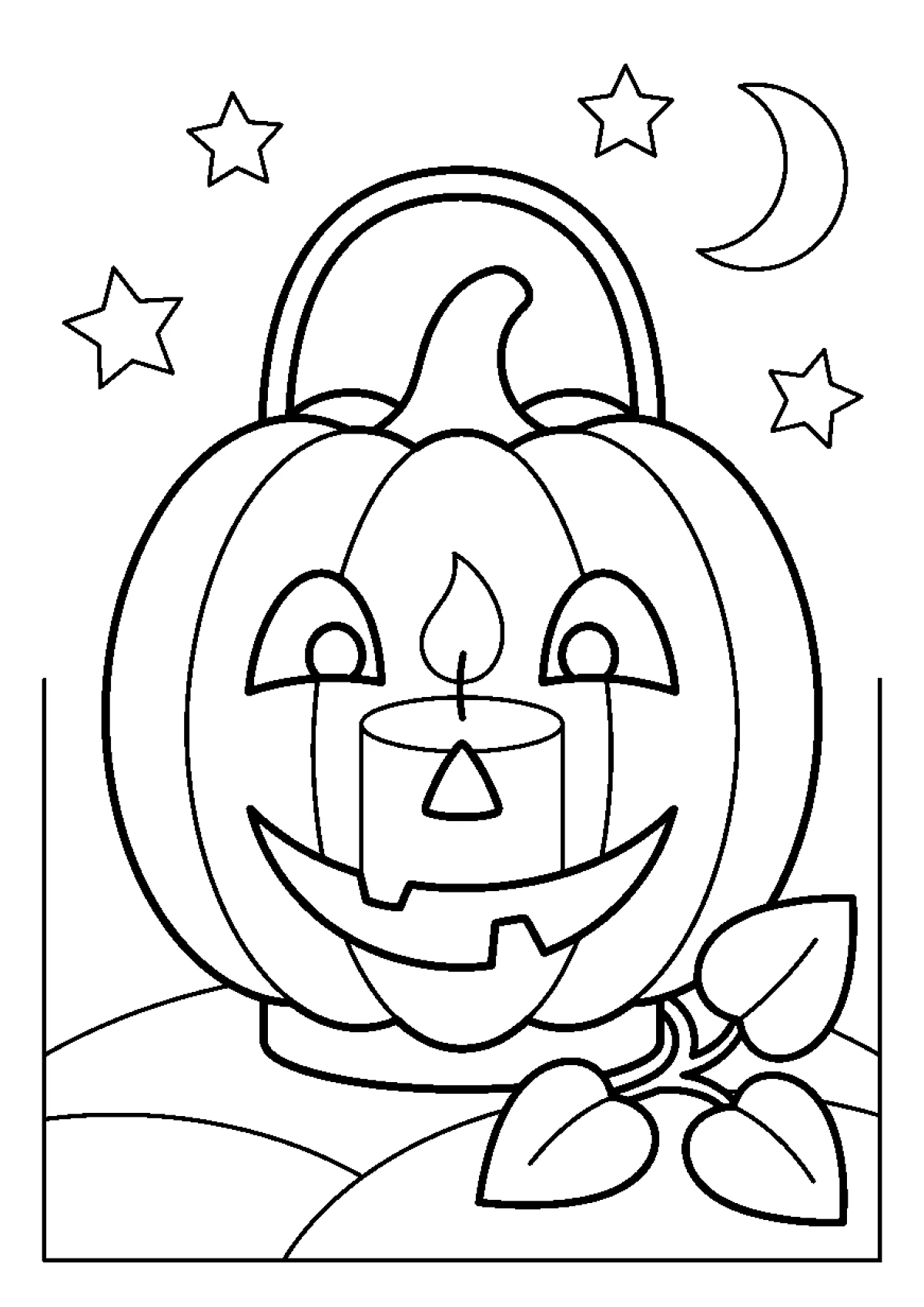 Coloriage d'un lampion en forme de citrouille souriante avec une bougie allumée à l'intérieur.