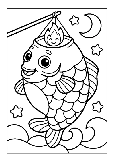 Coloriage d'un lampion japonais en forme de carpe avec des écailles et une ficelle pour le porter.