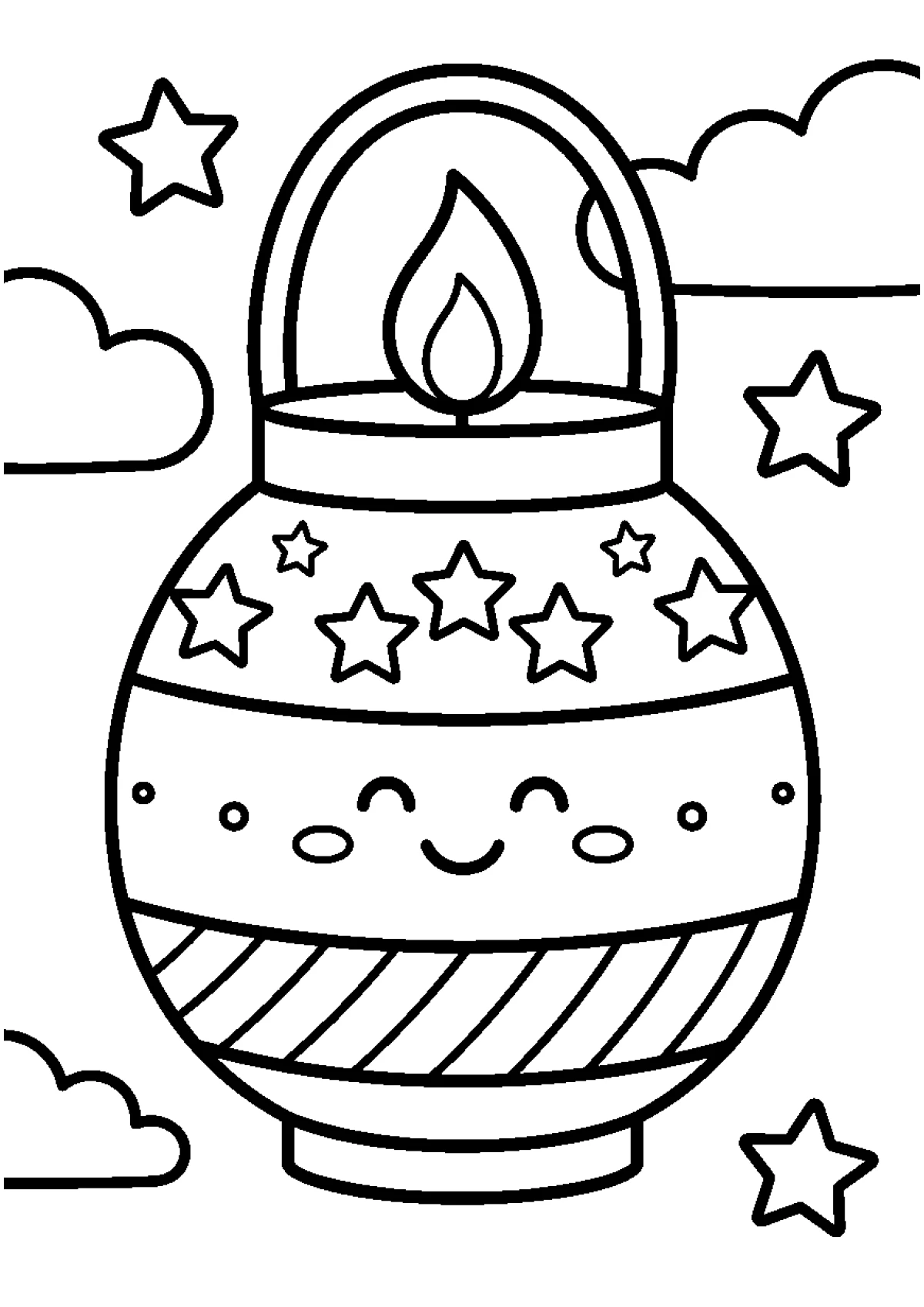 Coloriage d'un lampion en papier avec des rayures verticales qui flotte dans le ciel étoilé.