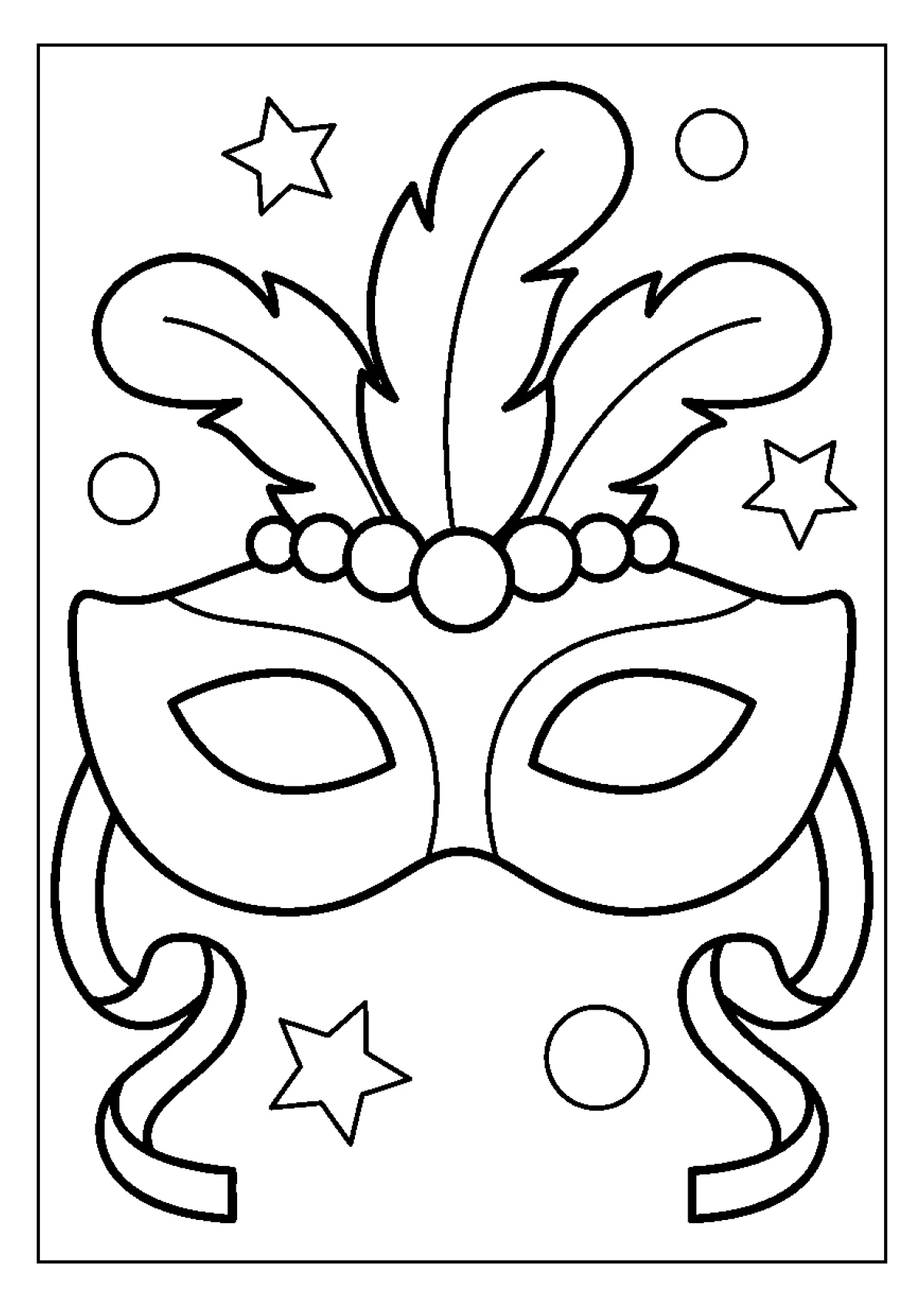 Coloriage d'un masque de carnaval décoré avec des perles et de grandes plumes.