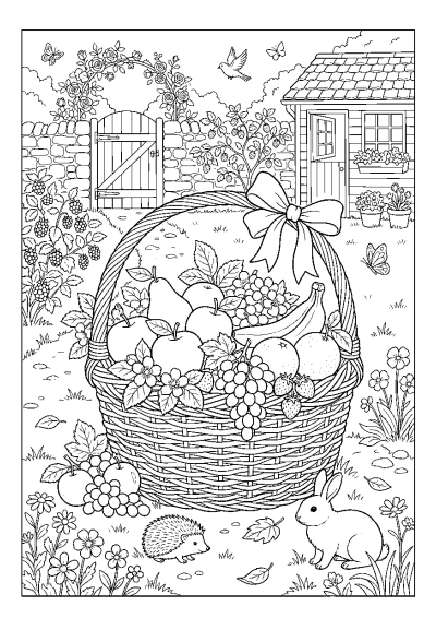 Coloriage d'un panier rempli de pommes, de bananes et de raisin posé sur une table.