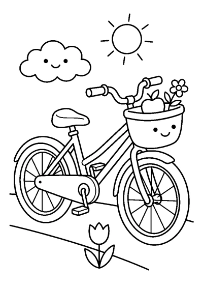 Coloriage d'un vélo avec un panier rempli de fleurs et une sonnette.