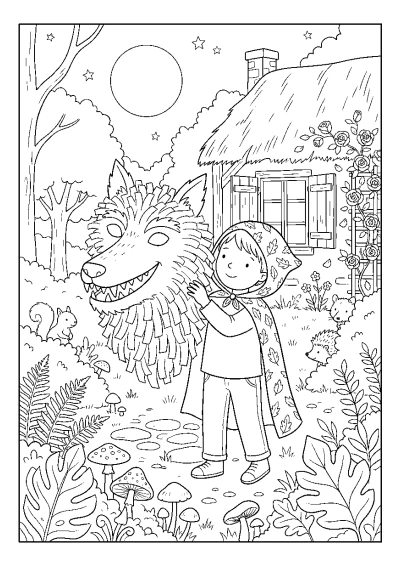 Coloriage d'un masque de loup-garou avec des dents pointues et des zones pour coller des poils.