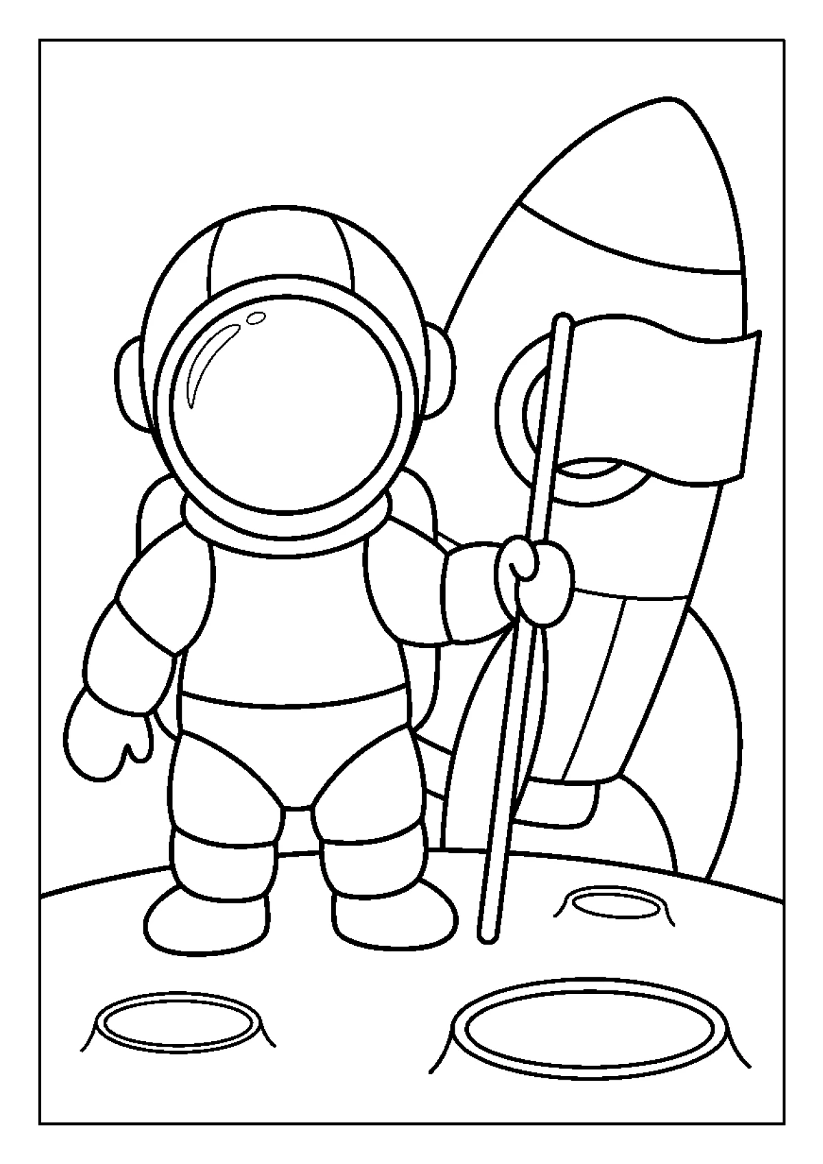 Coloriage d'un astronaute en combinaison spatiale posant un drapeau sur le sol de la lune.