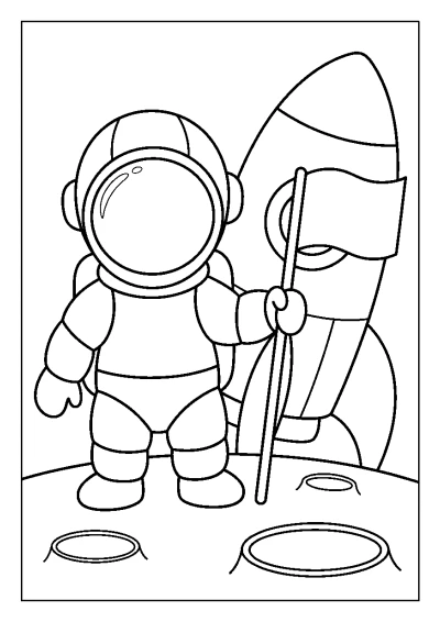 Coloriage d'un astronaute en combinaison spatiale posant un drapeau sur le sol de la lune.