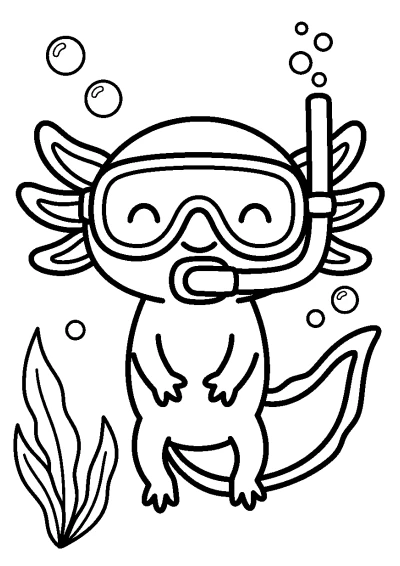 Coloriage d'un axolotl souriant qui porte un masque de plongée et un tuba sous l'eau.