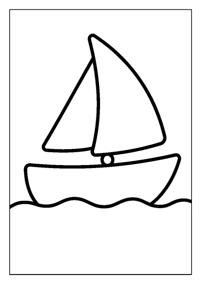 Coloriage d'un petit bateau avec une voile sur un lac calme sous un beau soleil.