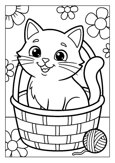 Coloriage d'un petit chat endormi dans un panier rond avec un coussin doux.