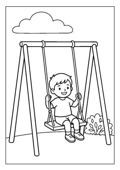 Coloriage d'un enfant qui sourit sur une balançoire dans un jardin.
