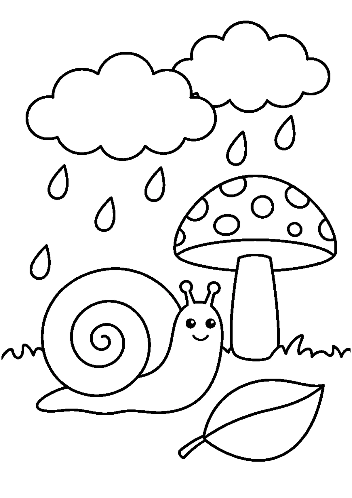 Coloriage d'un escargot avec une coquille ronde et des gouttes de pluie.
