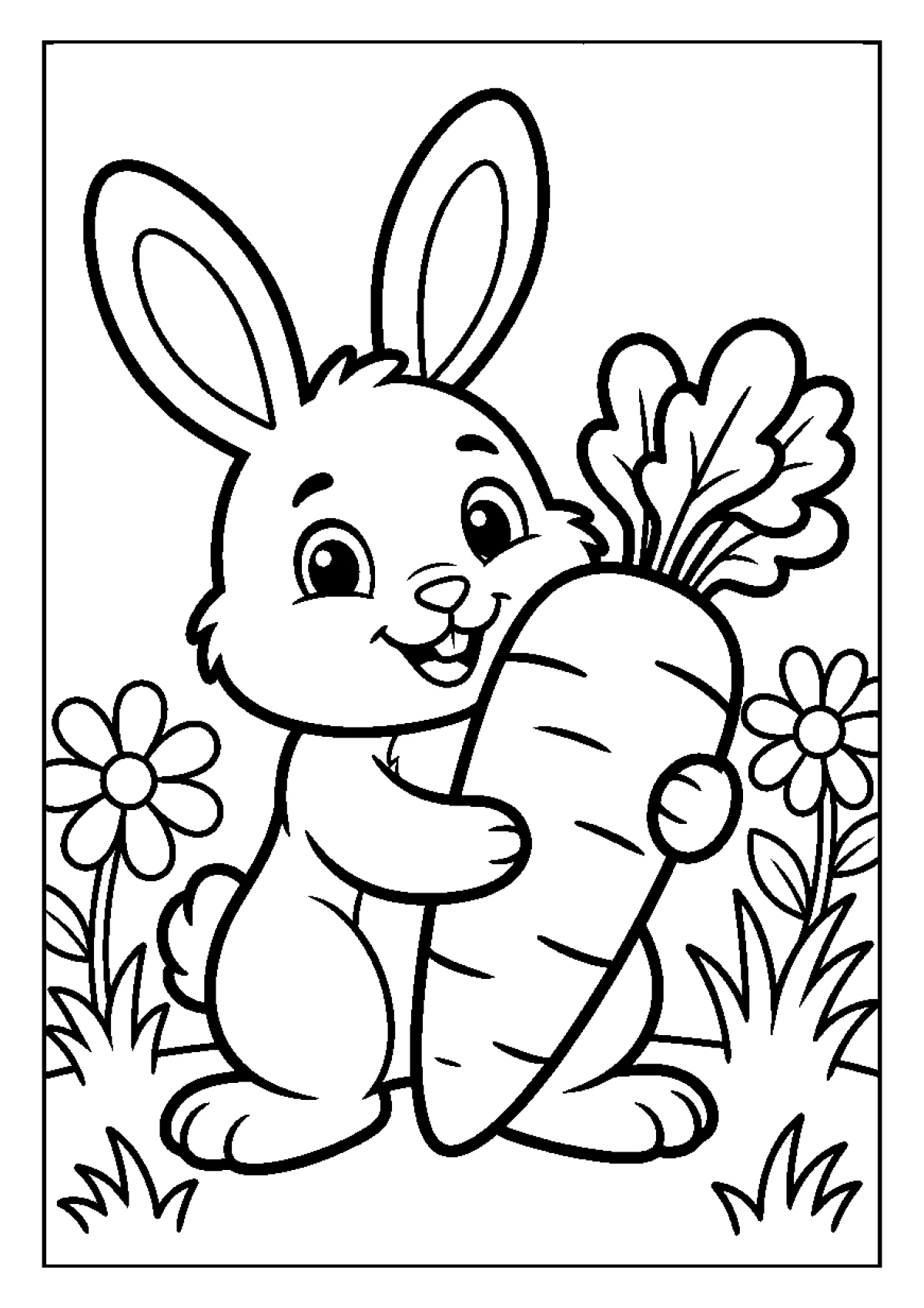 Coloriage d'un lapin joyeux qui mange une carotte dans le jardin