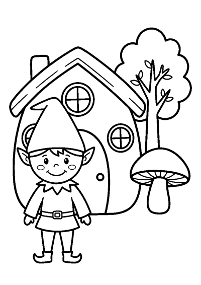 Coloriage d'un gentil lutin avec un bonnet pointu debout devant sa maison champignon.